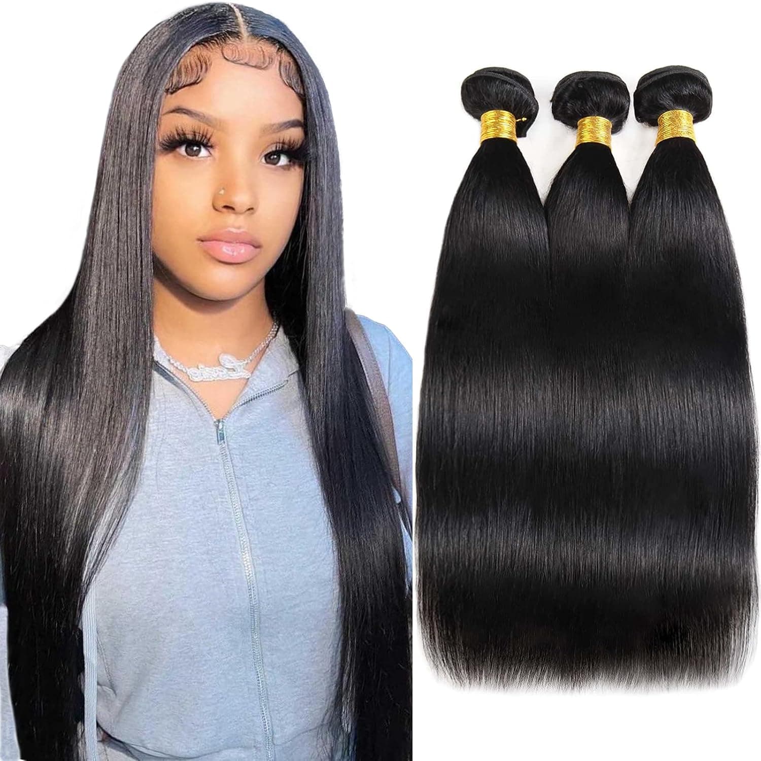 Straight 3 Bundles Human Hair 100% Unprocessed Remy Brazilian Virgin Hair (18 20 22 Inch) Double Weft Weave Bundles Human Hair Black Hair Bundles Extension Natural Color
