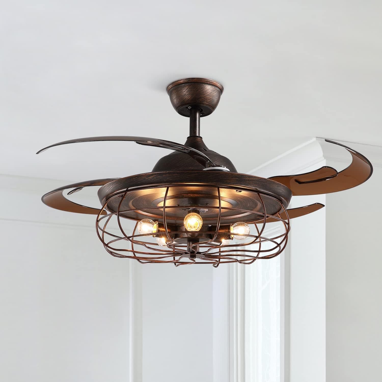 APBEAM Industrial Ceiling Fan with light and Retractable Fandelier Rustic Remote Control Reversible Blades Caged Chandelier 48 Inch for Living Room Bedroom
