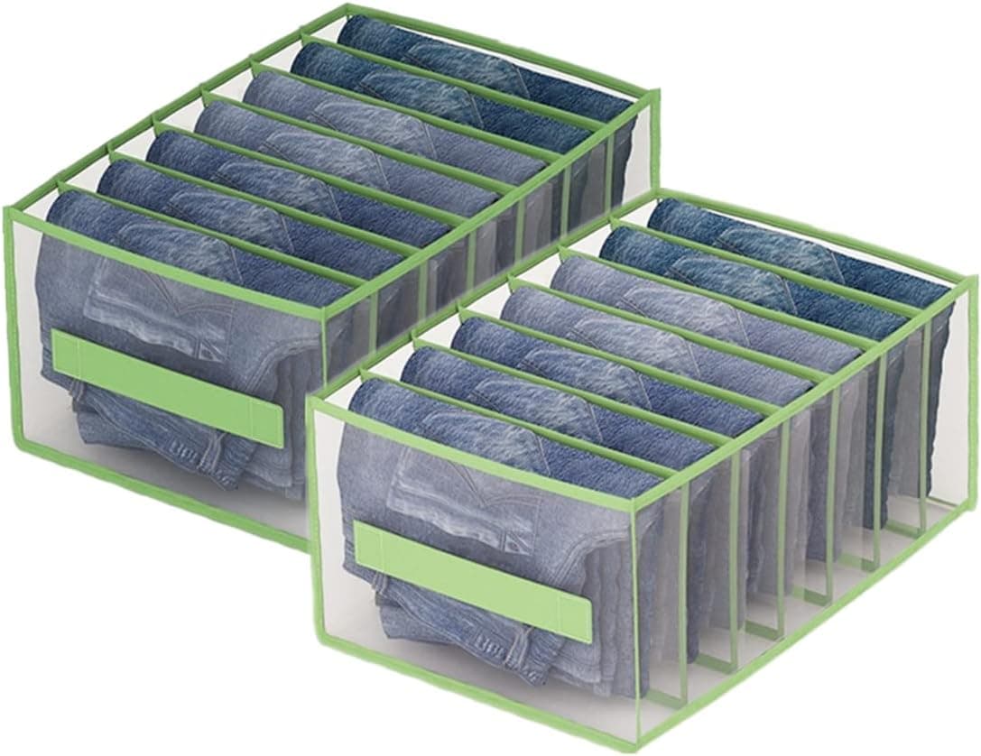 Upgraded 7 Grids Wardrobe Clothes Organizer for Drawer, Clothes Organizer for Folded Clothes, Jean Storage Organizers for Closet T-shirt Pants Legging (Green, 2Pcs)