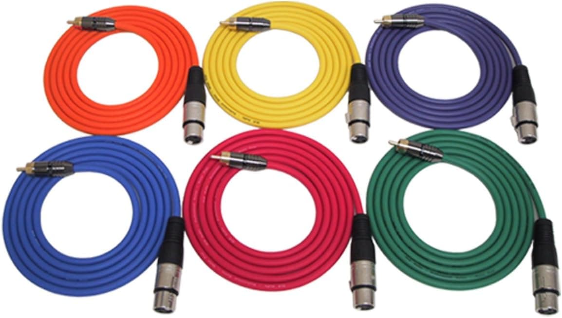 GLS Audio 6ft Patch Cable Cords - XLR Female to RCA Male Color Cables - 3' Pro Series Cord - 6 Pack