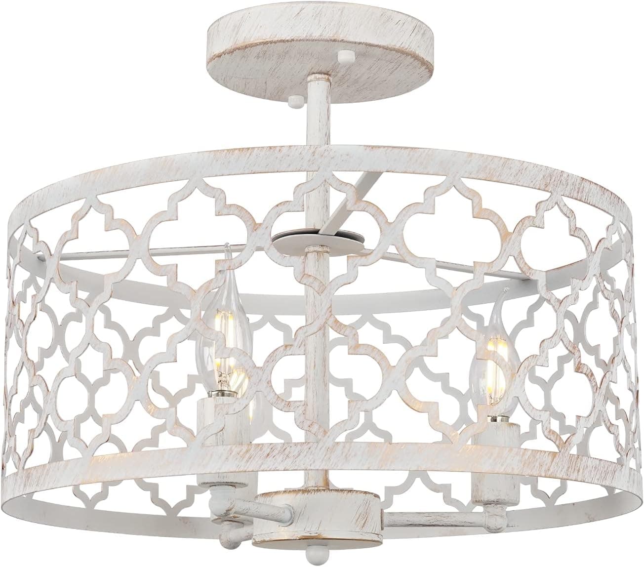 Semi Flush Mount 15" White Light Fixture Modern Drum Boho Ceiling Light Chandelier 3 Lights for Kitchen, Bedroom, Dining Room, Bathroom, Hallway
