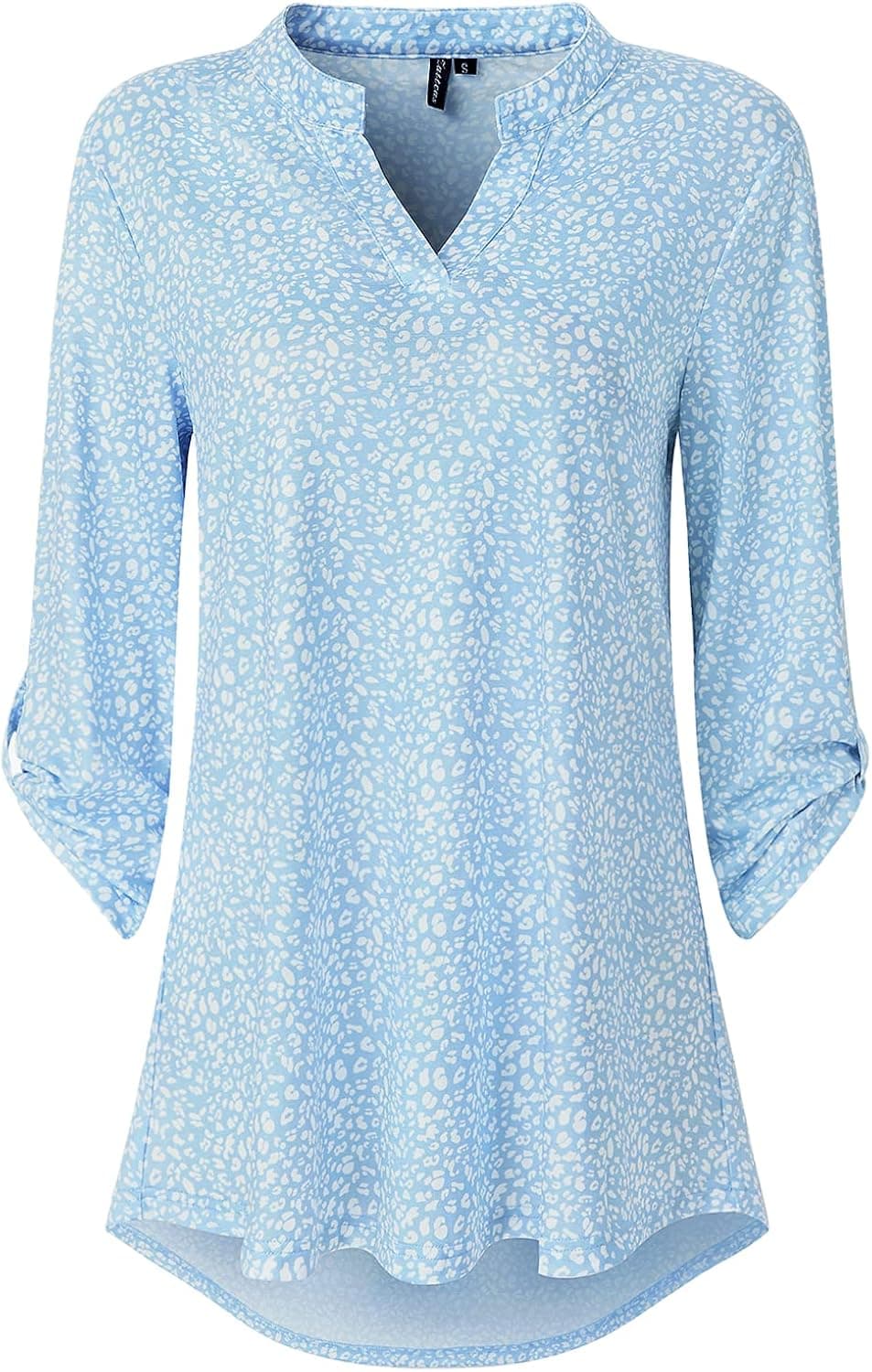 Zattcas Womens Floral Printed Tunic Shirts 3/4 Roll Sleeve Notch Neck Tunic Top