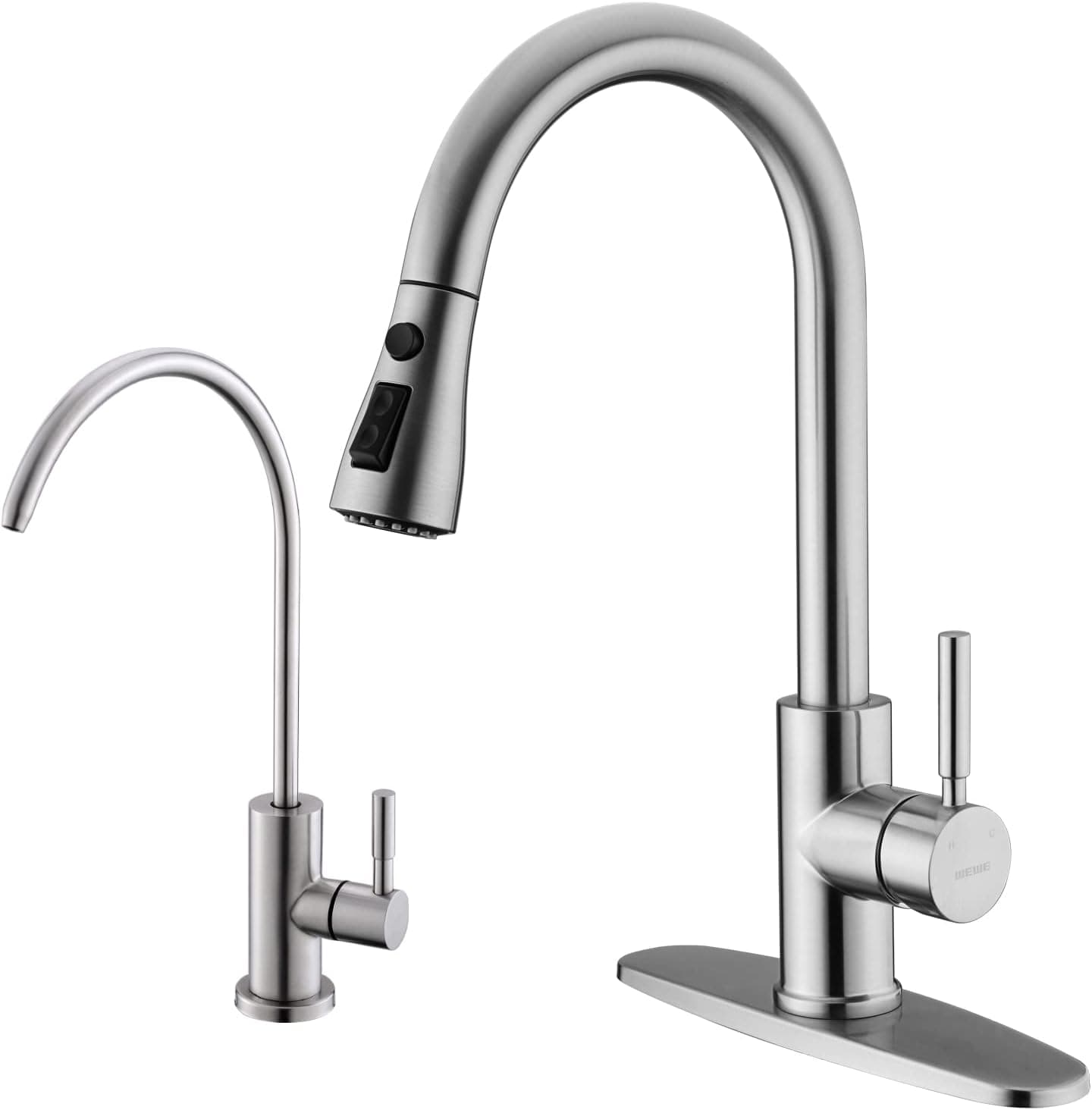 WEWE Single Handle High Arc Brushed Nickel Pull Out Kitchen Faucet,Single Level Stainless Steel Kitchen Sink Faucets with Water Filter Faucet