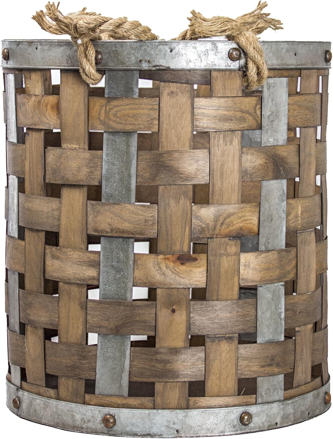 American Art Décor Rustic Bamboo and Metal Storage Basket Vintage Country Farmhouse Decor (Small)