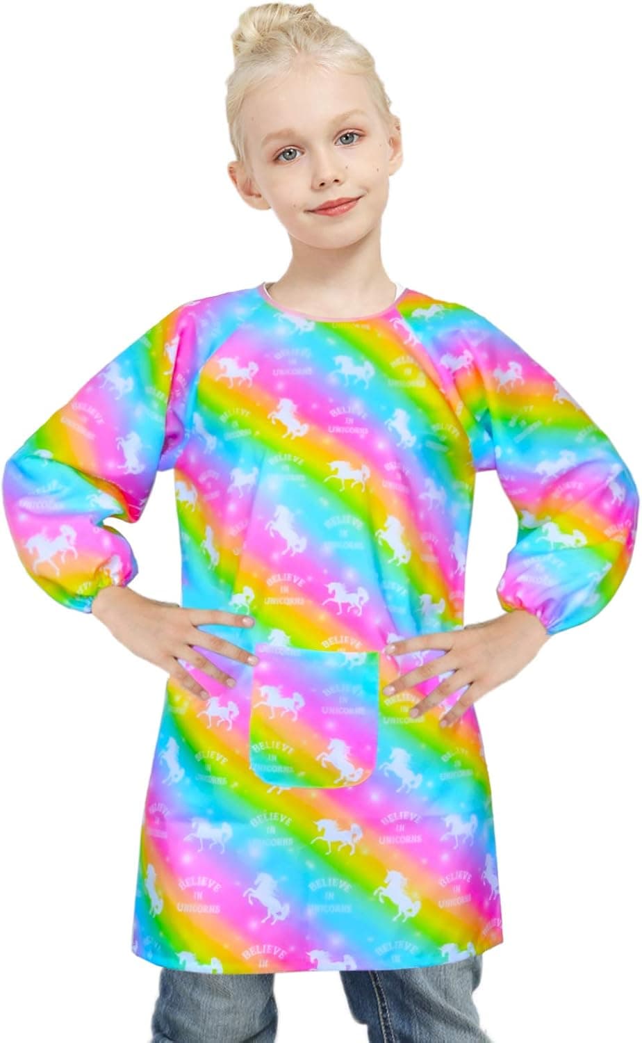 Kids Art Smock Unicorn Painting Artist Apron Waterproof Paint Smocks Girls Boys Long Sleeve with Pocket for Child 8-12 Years, Large