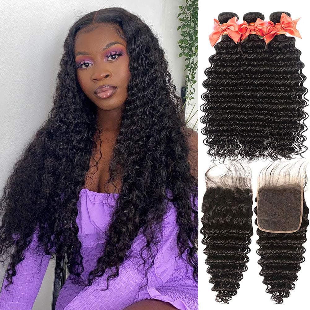 Human Hair Bundles with Closure Brazilian Virgin Hair 3 Bundles with Closure Deep Wave Unprocessed Remy Human Hair Extensions 8 10 12 + 8 inch 4x4 Lace Closure Deep Wave Bundles with Closure