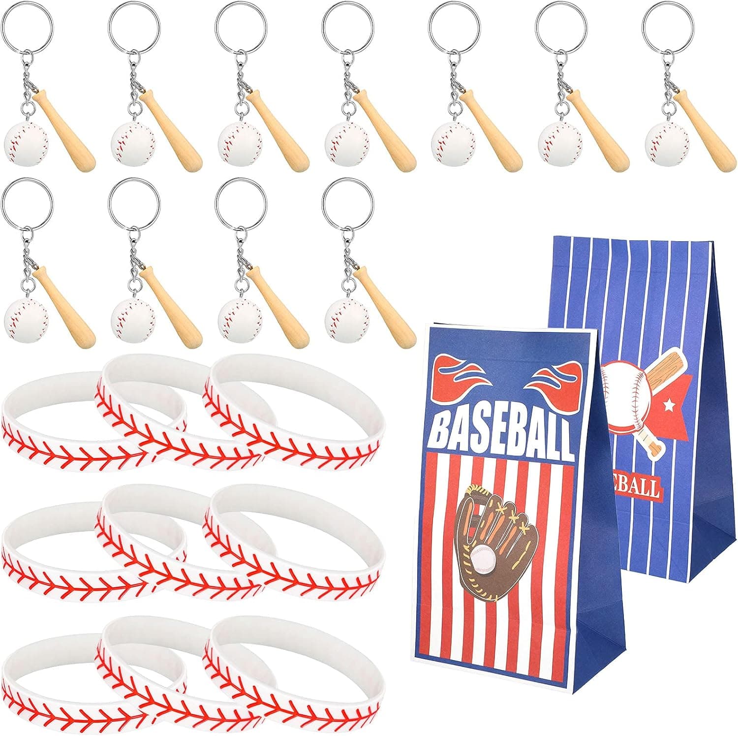 36 Pieces Baseball Keychains Suit Include Wooden Baseball Bat Keychains Baseball Paper Bags and Baseball Silicone Wristbands Party Favor Present for Friends Baseball Favors