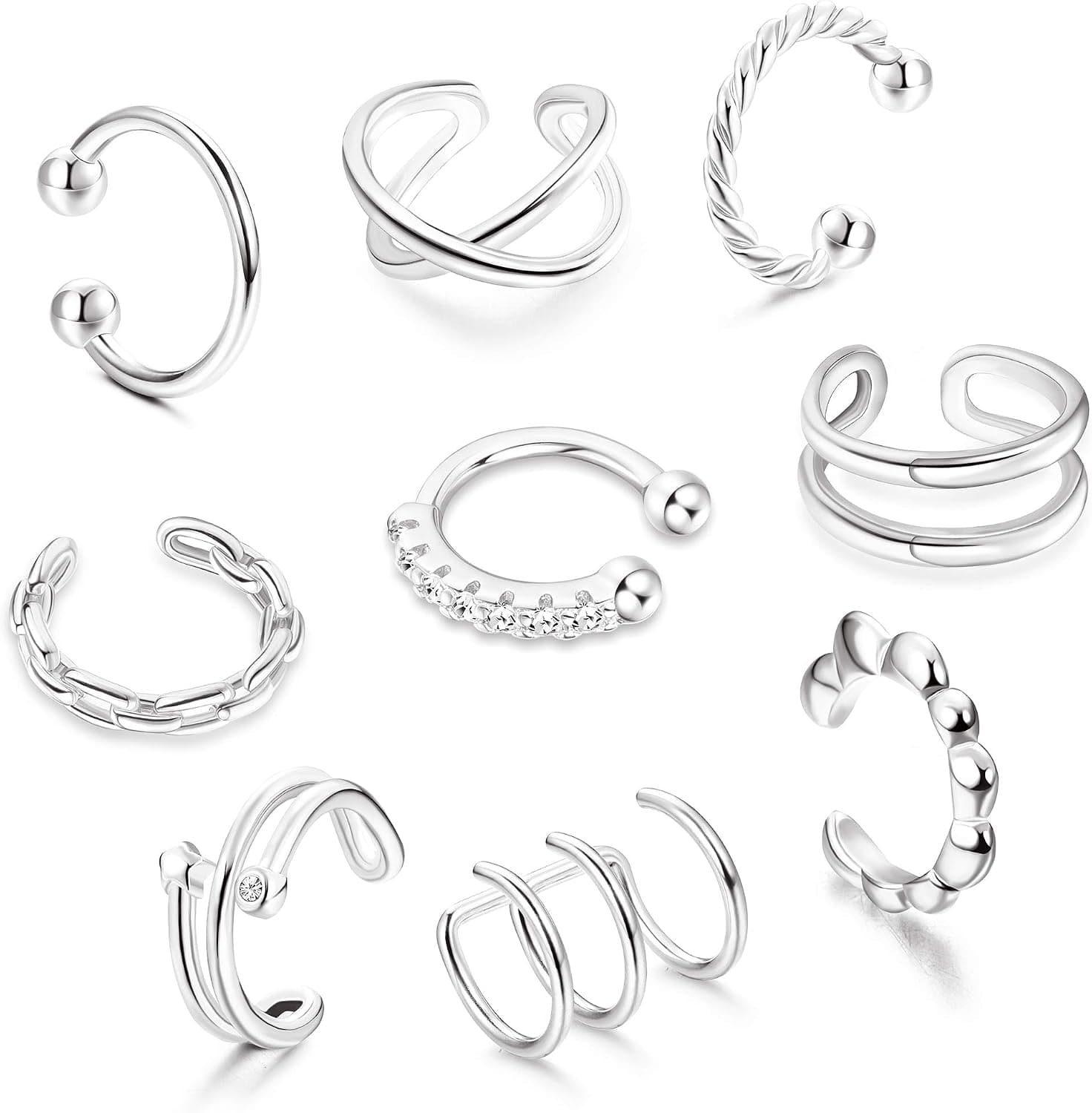 Florideco 9pcs Minimalist Ear Cuff Earrings for Women Dainty CZ Non-Piercing Fake Helix Cartilage Clip on Wrap Earrings Hypoallergenic Conch Cuffs Earrings in 14K Gold Plated/White Gold Plated