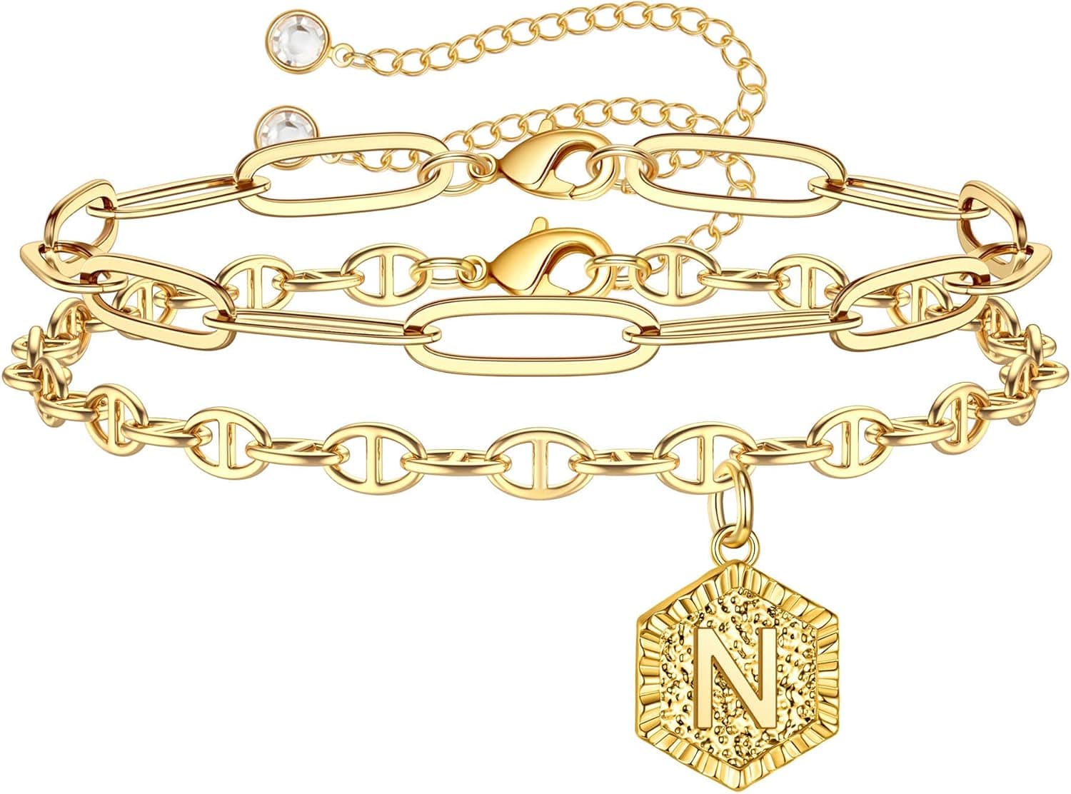 MONOZO Gold Initial Bracelets for Women, Dainty 14K Gold Filled Layered N Letter Initial Bracelet Personalized Alphabet Hexagon Monogram Charm Bracelet Jewelry Gifts for Girls