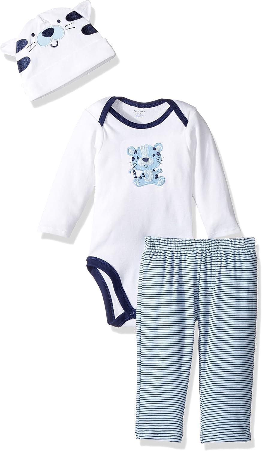 Gerber Baby 3 Piece Bodysuit, Cap and Pant Set, white tiger, 18 Months