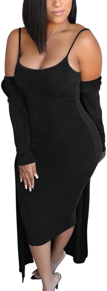 Ohvera Women's 2 Piece Outfits Spaghetti Strap Bodycon Midi Dress Long Cardigan Sets