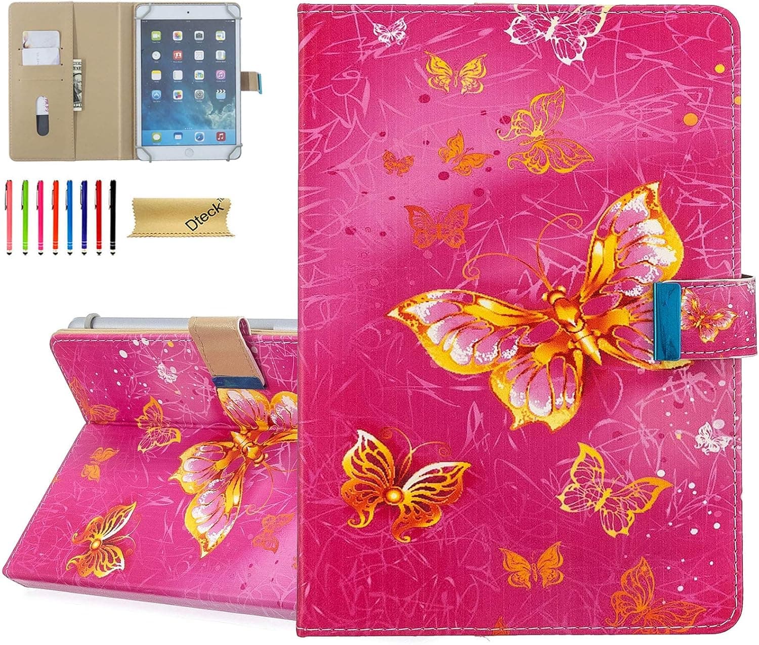 9.7 Inch Universal Case - Dteck Protective Leather Wallet Case with Stylus Pen for iPad 9.7 10.2" 10.5" /Samsung 9.6" 10.1" 10.5" / Android Windows 10" /Lenovo 10.1 Inch Tablet (Rose Gold Butterfly)