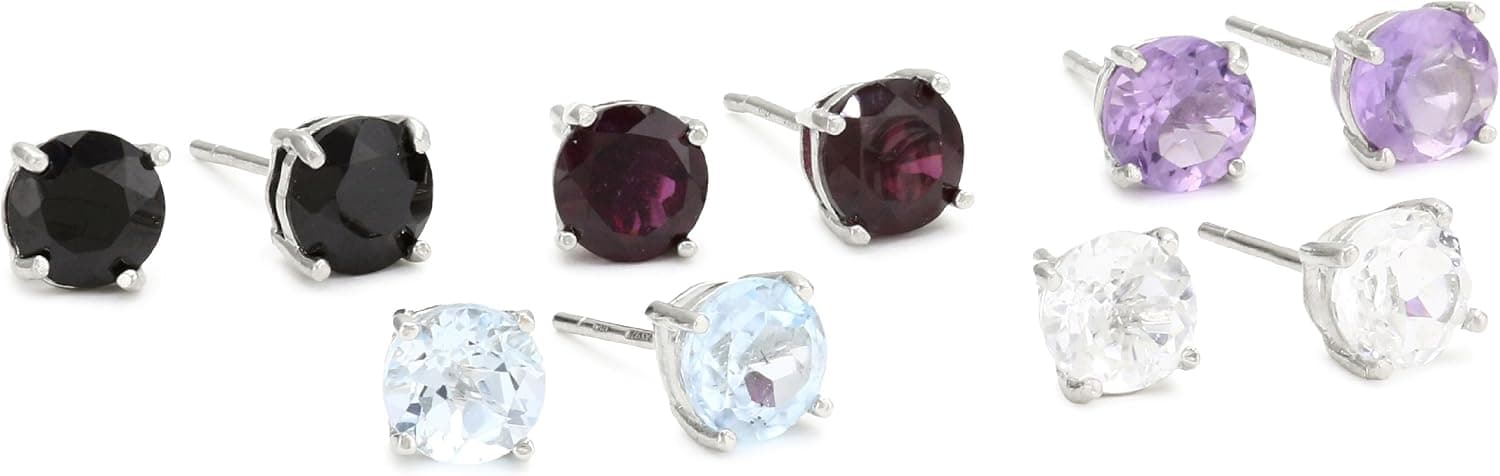 Sterling Silver with Gemstones 6mm Round Set of 5 Pairs Stud Post Earrings