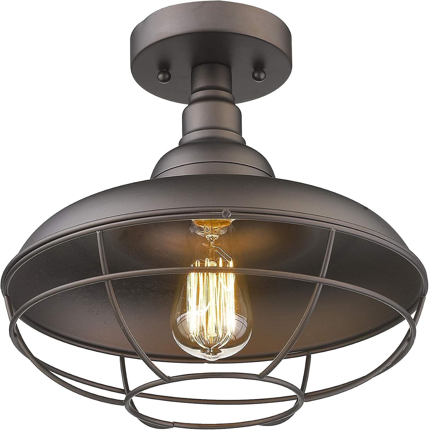 Emliviar Industrial Semi Flush Mounted Ceiling Light Fixture, 12" Farmhouse Lighting Rustic Metal Cage Light, Oil Rubbed Bronze, 50007-SF