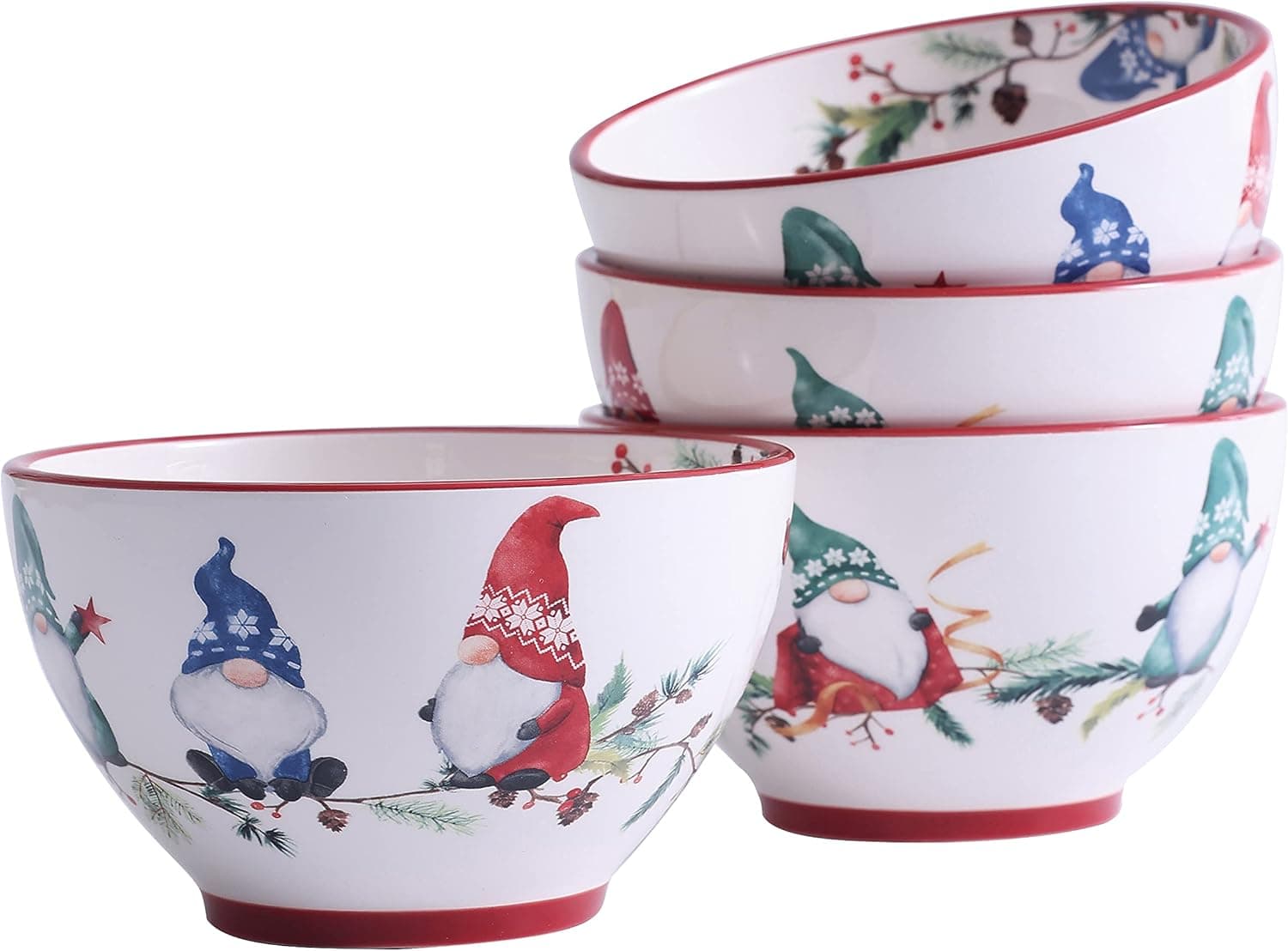 Bico Christmas Gnomes 29oz Ceramic Cereal Bowls, Set of 4, for Pasta, Salad, Cereal, Soup & Microwave & Dishwasher Safe
