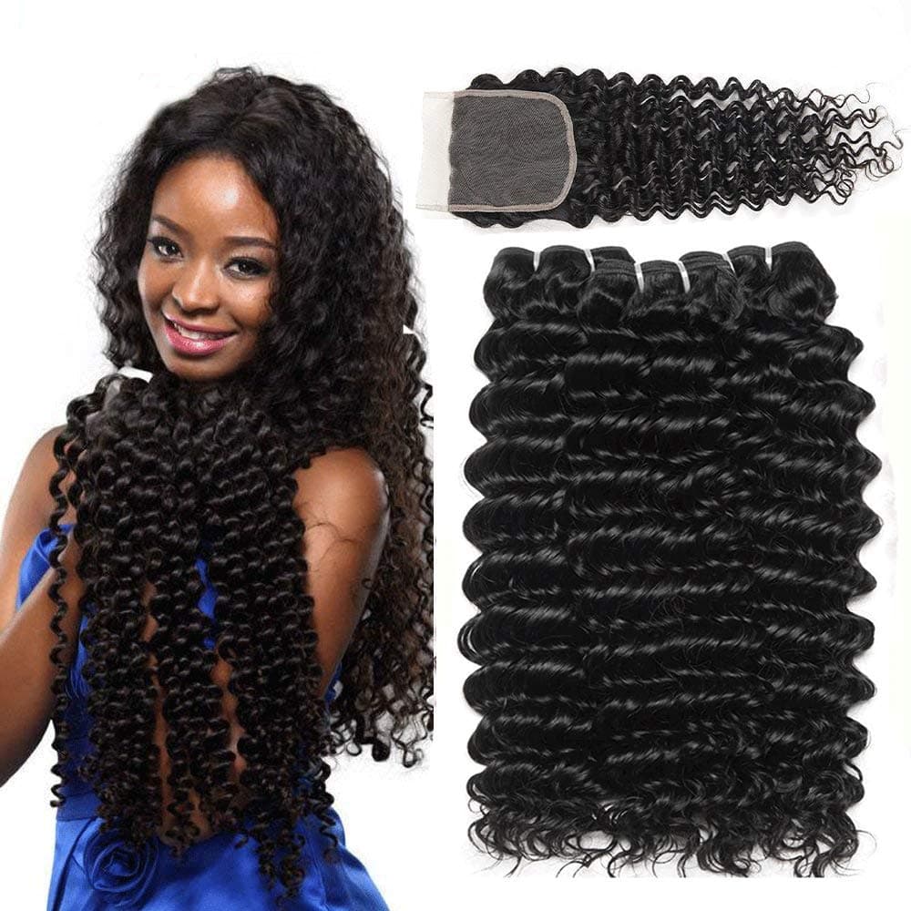 Brazilian Human Hair Deep Wave 16 inch 100% Unprocessed Virgin Brazilian Deep Curly Hair Weave Bundles Natural Color Total (10 12 14+10 Lace Closure, hair bundle)