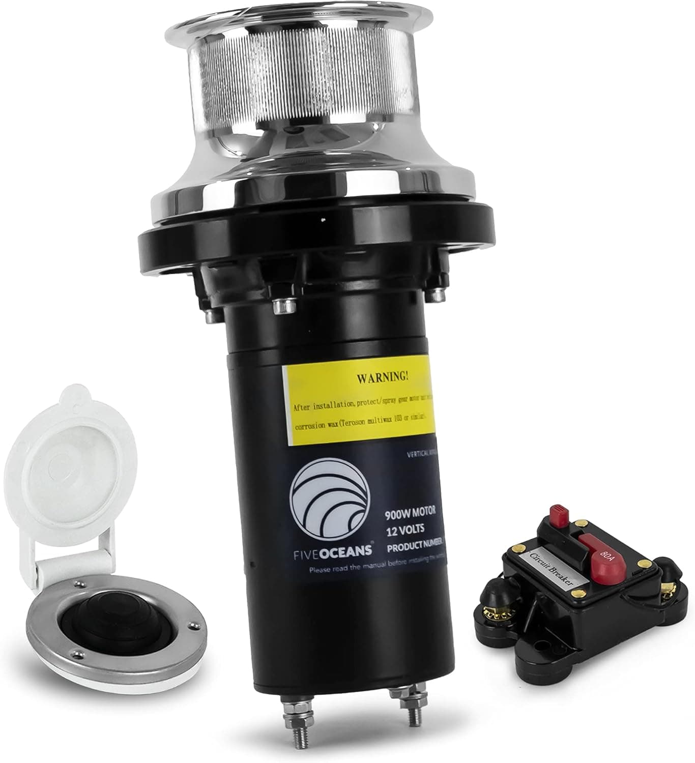 Five Oceans FO3716 Arctic Capstan 900 Watts Powerful Vertical Mounted Winch AISI316 Stainless Steel, Marine Grade Aluminum Base Plate, Easy Installation 12 Volts, Ideal for Mid-Size Boats Mooring