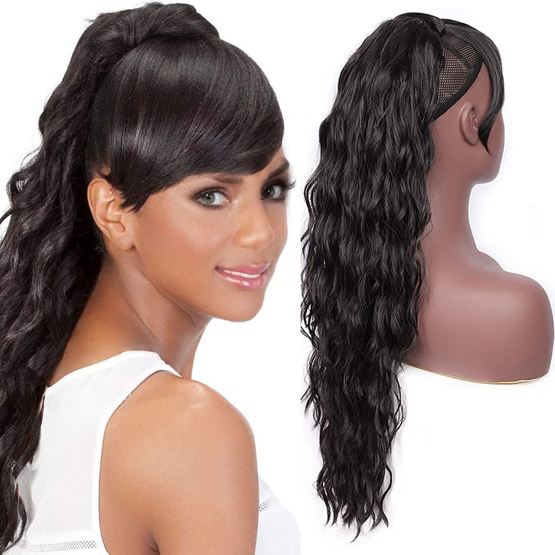Lexqui 26 Inches Long Deep Wavy Drawstring Ponytail Extension Japan-made Synthetic Ponytail with Side Swept Bangs Quick and Easy Wear Hair Extensions for Bridesmaid and Party Wear