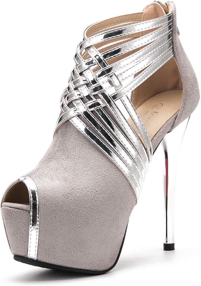 fereshte Womens Sexy Peep-Toe Ankle Strappy Platform Stiletto High Heels Sandals Suede Gray US 8.5