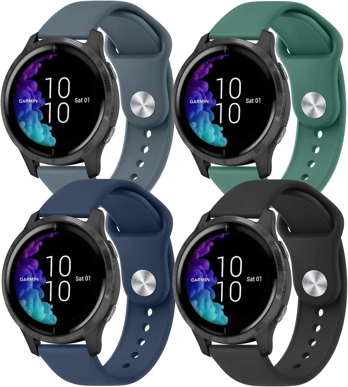4 PACK Bands for Garmin Venu / Venu Sq / Vivoactive 3 Watch Band, 20mm Adjustable Soft Silicone Sport Replacement Wristband Strap for Garmin Venu Sq, Vivoactive 3 Music, Forerunner 645 / 245 Music, Samsung Galaxy Watch 4