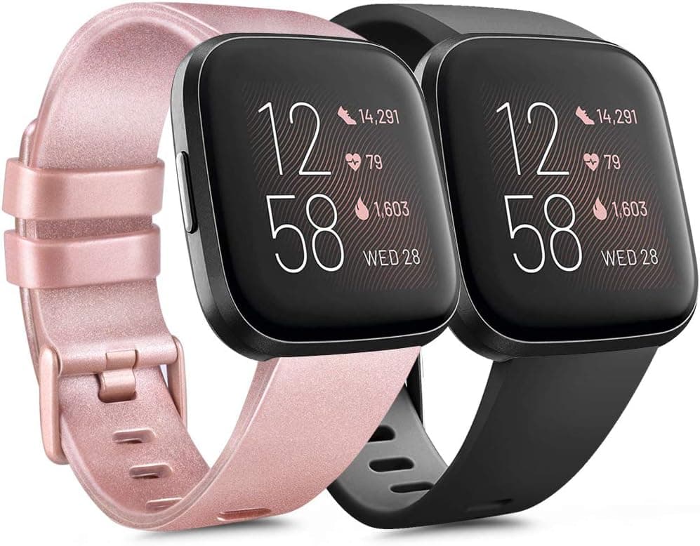 [Pack 2] Sport Bands Compatible with Fitbit Versa 2, Fitbit Versa for Women Men, Classic Soft Silicone Wristbands for Fitbit Versa & Fitbit Versa Lite (Small, Rose Gold, Black)