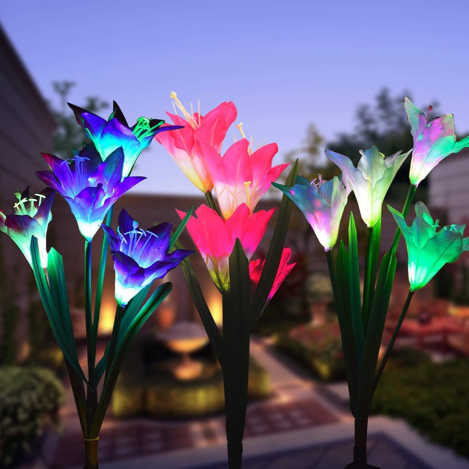 Outdoor Garden Stake Lights - 3 Pack Solar Powered Lights with 12 Lily Flowers, Multi-Color Changing LED Solar Decorative Lights for Garden, Patio, Backyard (Pink, Purple and White)