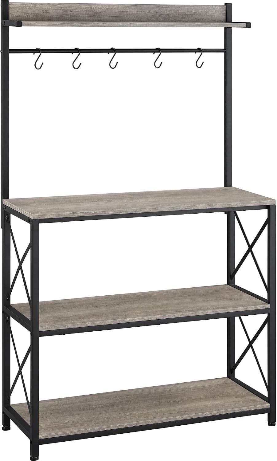 Topeakmart Industrial Kitchen Baker's Rack for Home with Open Storage Shelves, Metal Frame Microwave Oven Stand Shelf Coffee Station with 5 S Hooks, X Designed Floor Standing Spice Rack, Gray