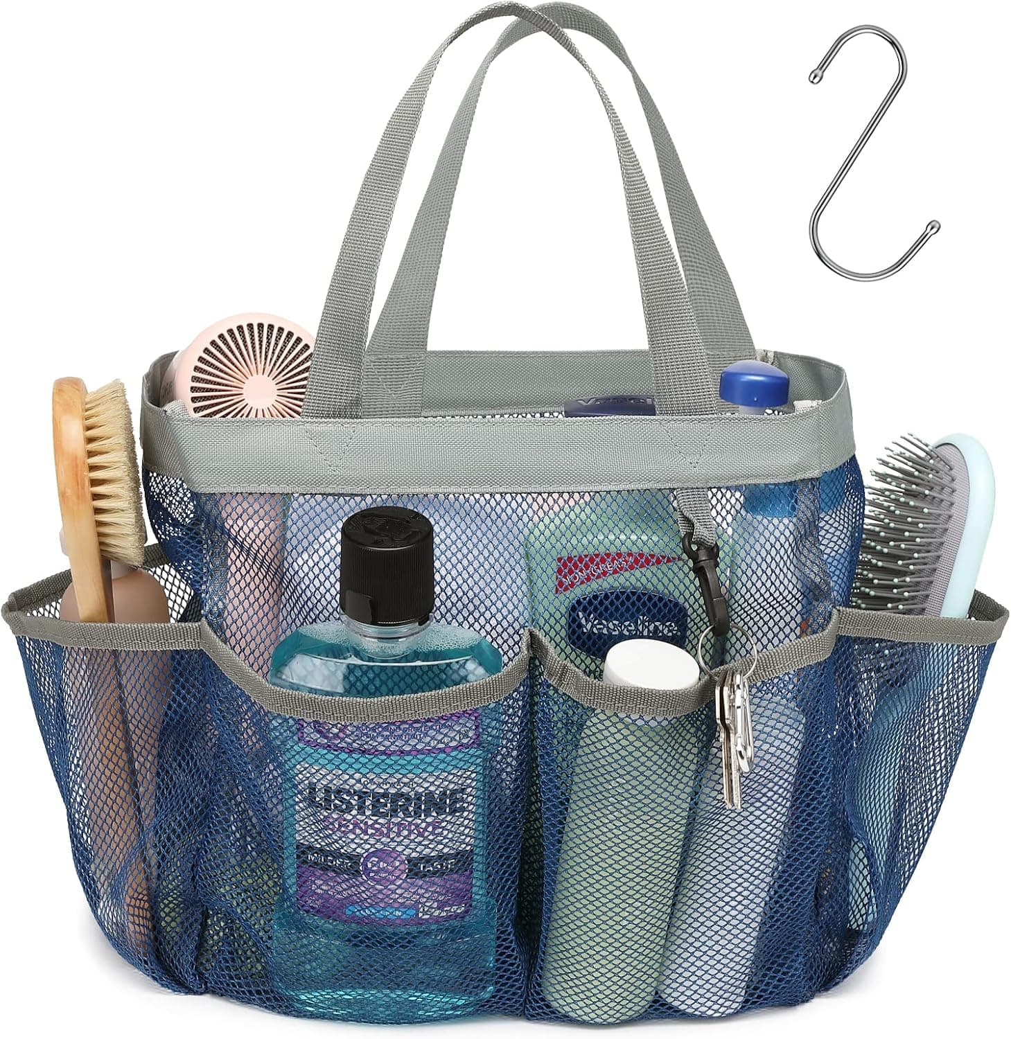 F-color Mesh Shower Caddy Portable, Upgrade Deeper 7 Pockets Shower Caddy Basket Tote for College Dorm Room Gym Bathroom Essentials Gym Camp Quick Dry 2 handles Shower Bag with S Hook, Navy Blue