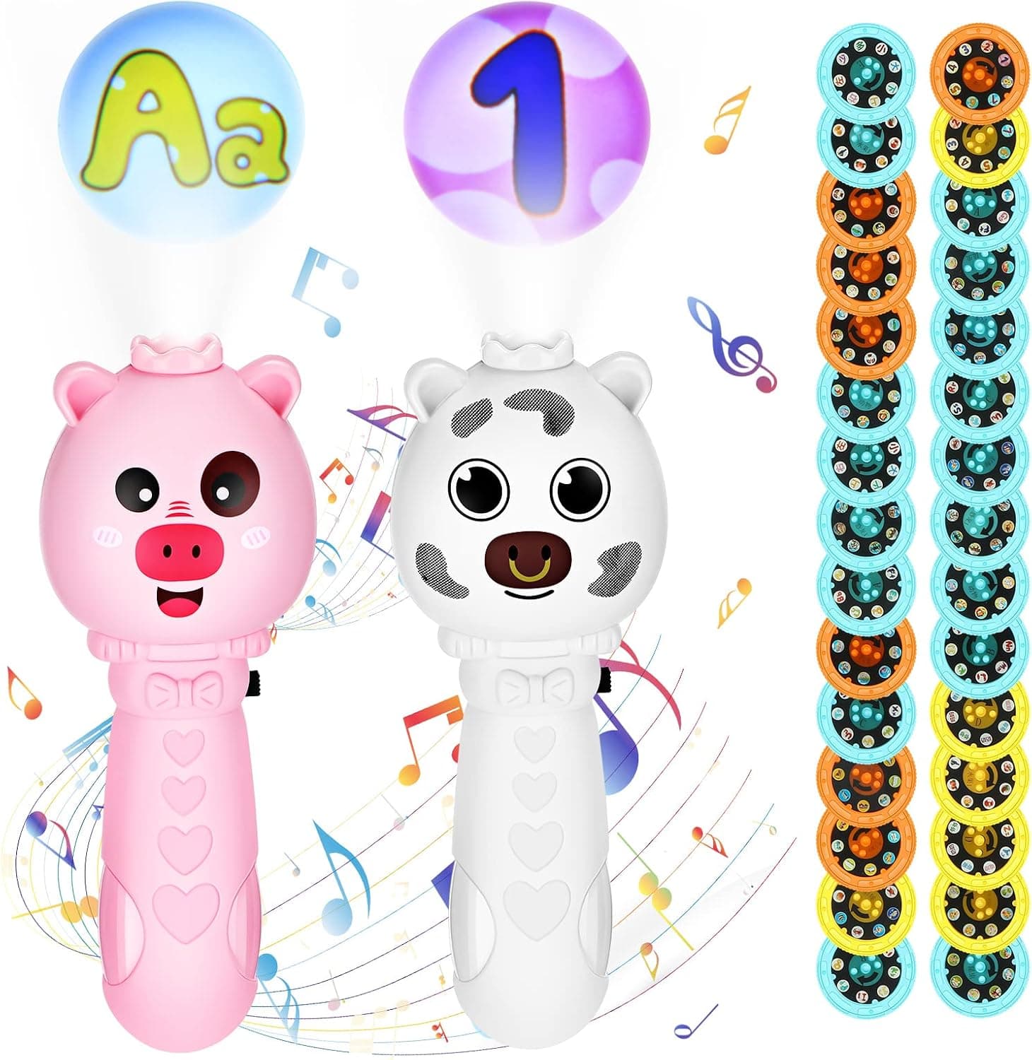 Hortsun 2 Packs Kids Musical Flashlight Projector Baby Flashlight with Soft Light and Music 120 Patterns Include Animal Vehicle Fruit Alphabet Number for Toddler Preschool Educational Learning