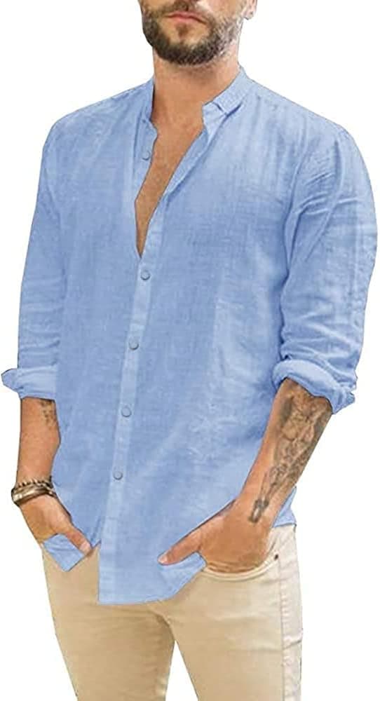 Mens Linen Button Down Shirts Long Sleeves Summer Beach Casual Regular Fit Shirt Tops