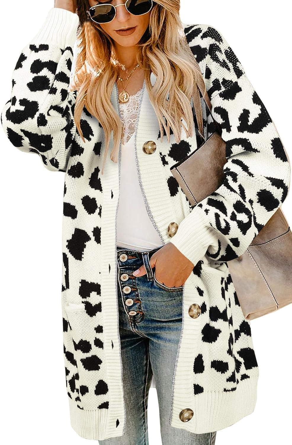 Saodimallsu Womens Open Front Leopard Cardigans Oversized Chunky Long Warm Button Down Knit Sweaters Coats with Pockets