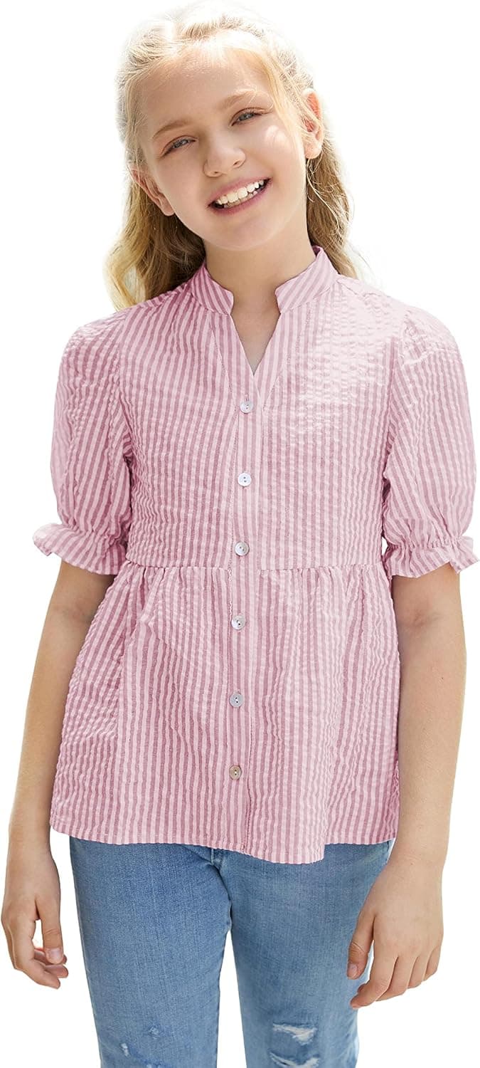 Niwista Girl's Short Puff Sleeve Shirts Ruffle Hem Button Down Blouse V Neck Striped Tops for Kids 6-15Y