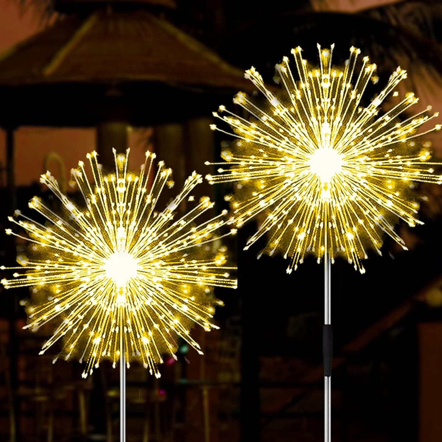 JJGoo Outdoor Solar Garden Lights, 2 Pack 120 LEDs 2 Lighting Modes Waterproof Fireworks Light for Outdoor Patio Walkway Pathway Decorative - Warm White