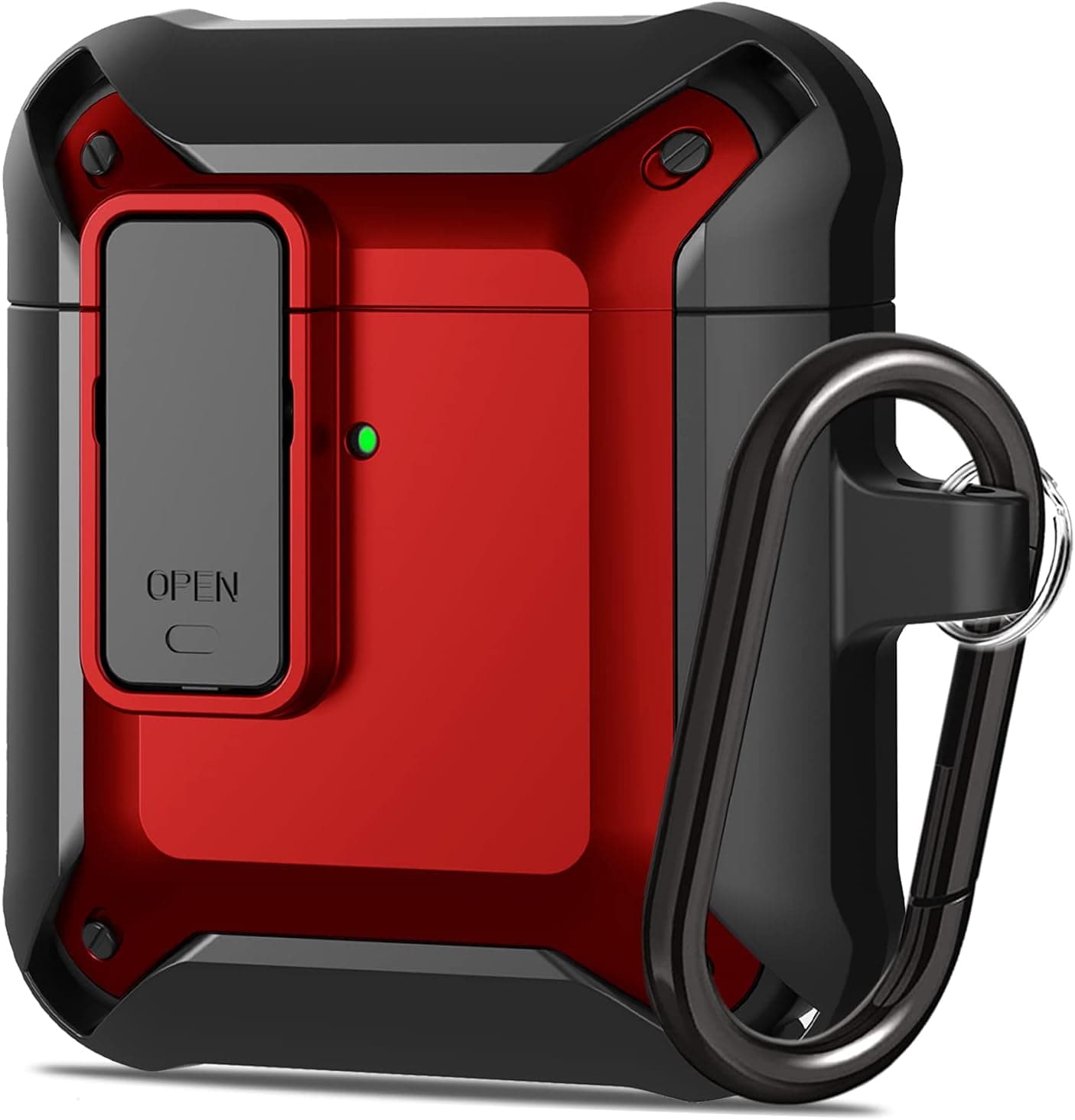 YOMPLOW Armor Airpods Case, [Secure Lock] Air Pods Full-Body Rugged Protective Case Men Charging Skin Shockproof iPods Case Cover with Carabiner for Apple Airpods 2&1 - Black/Red
