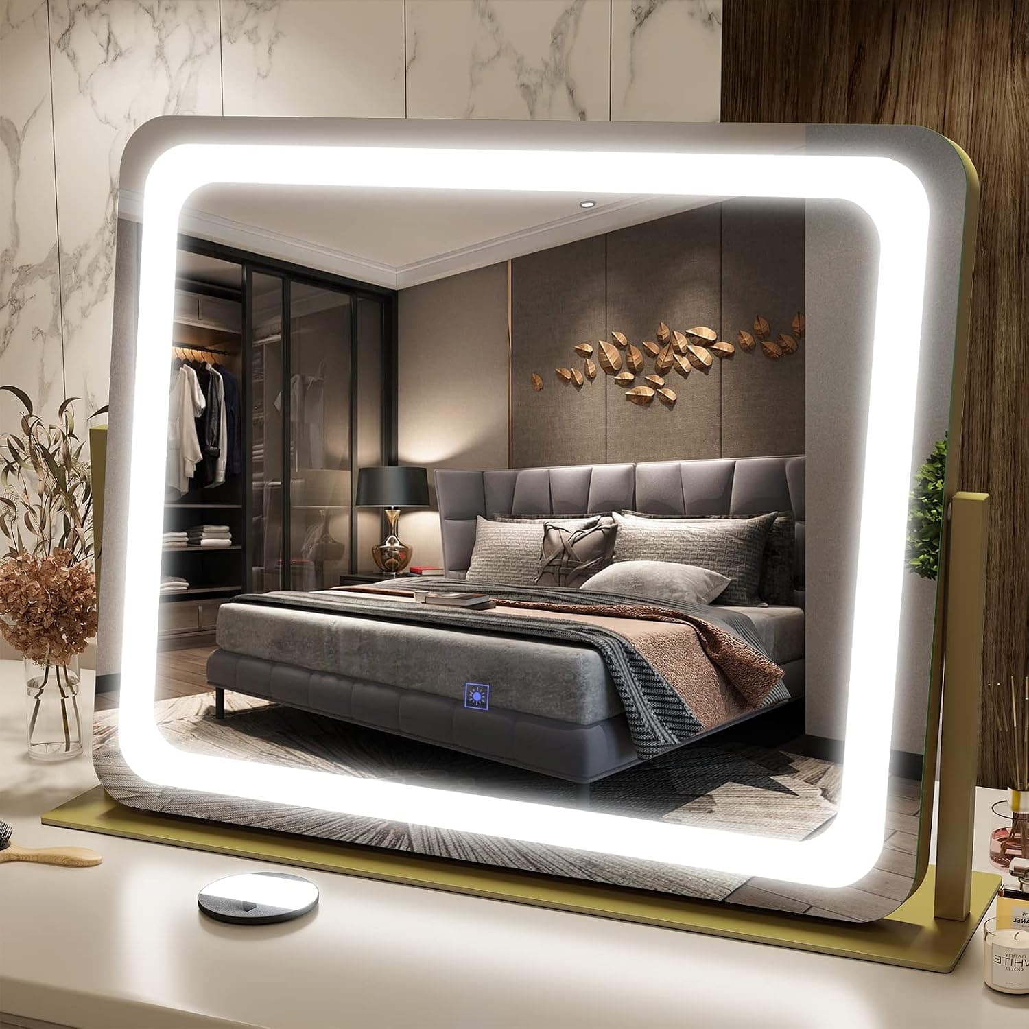 BARMI Vanity Mirror with Lights,22"x19" Lighting Dimmable LED Mirror, 3 Color Lighting Modes, Tabletop Vanity Makeup Mirror Smart Touch Control with 360° Rotation (Gold)