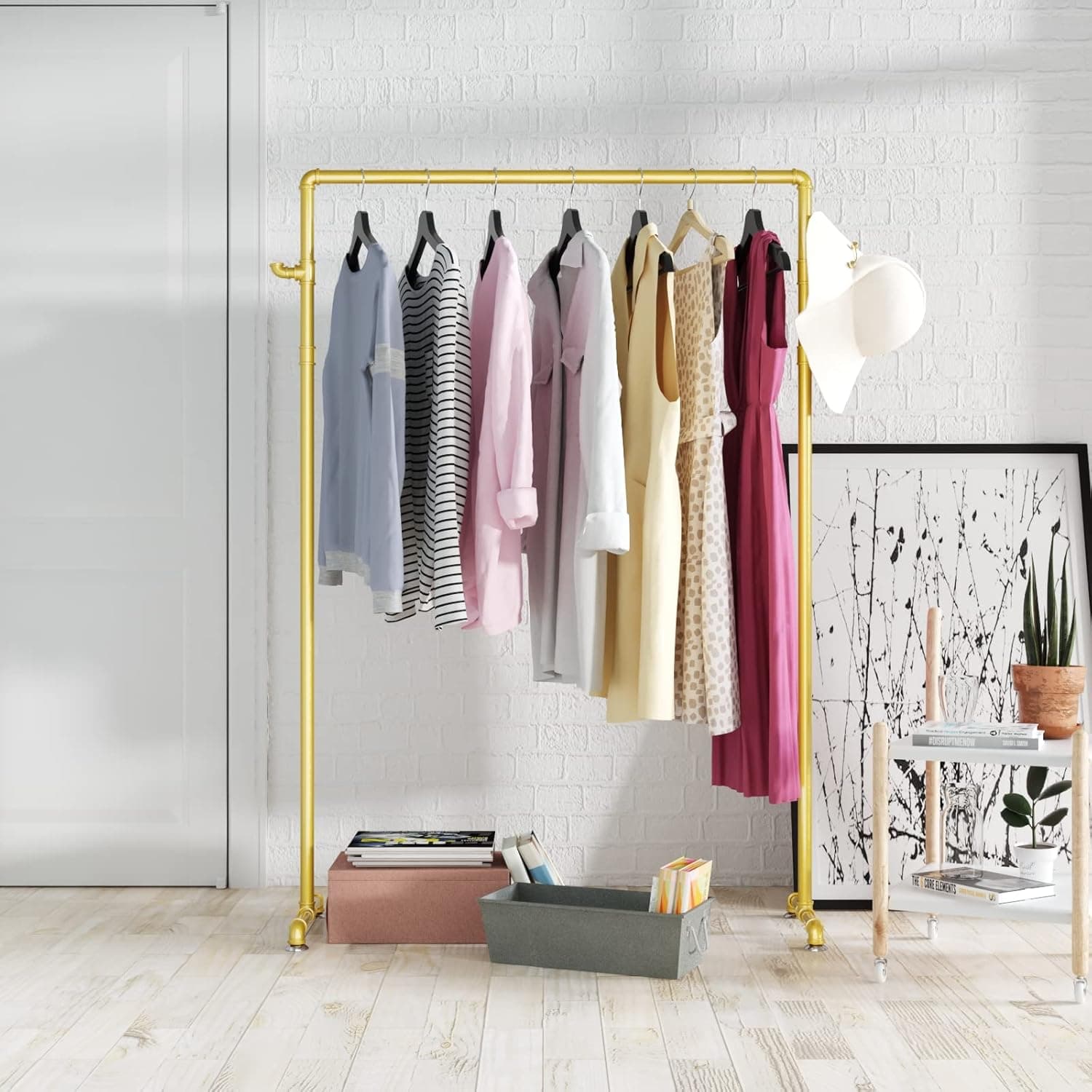 Smlttel Industrial Pipe Clothing Rack with 2 Side Hooks,Commercial Heavy Duty Clothes Racks for Hanging Clothes,Vintage Standing Rolling Clothes Rack Portable,Garment Rack Display Rack …