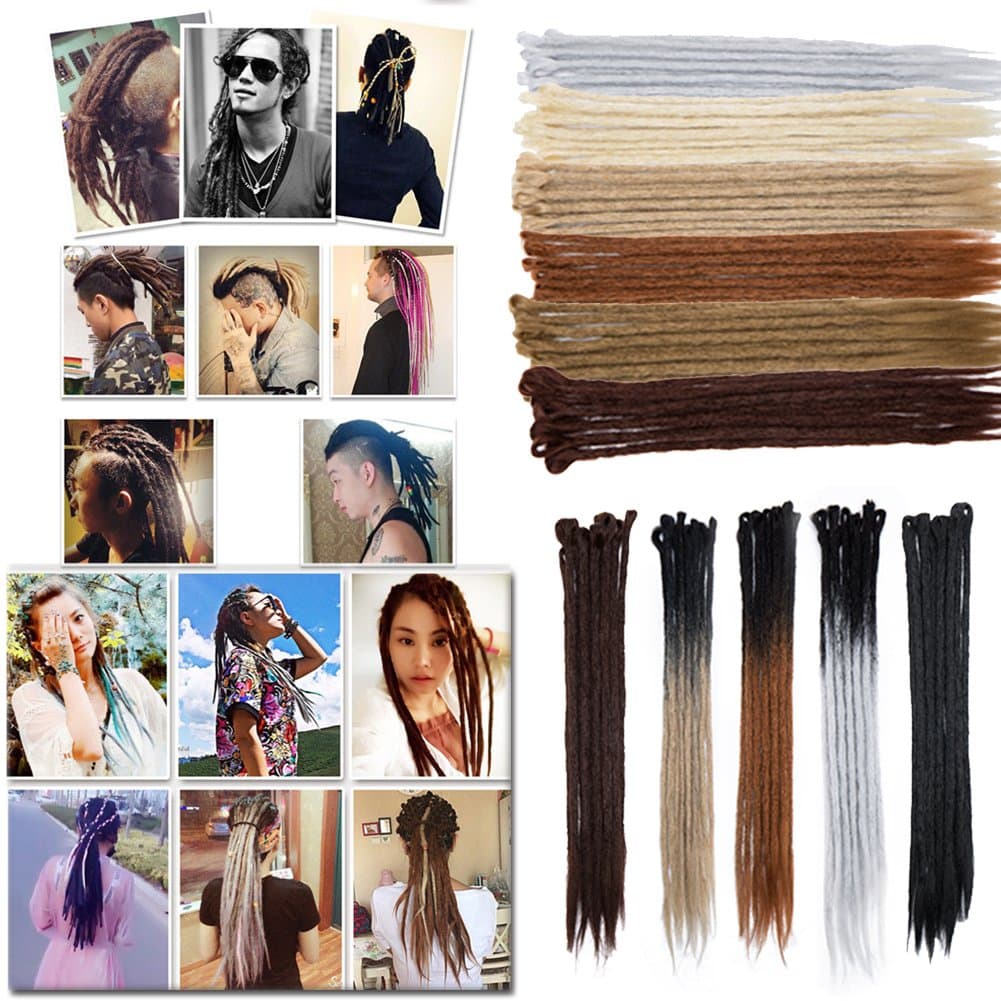 Syntheic Dreadlock Extensions 24 Inch Ombre Dreadlocks for Women Men Reggae Hip-hop Handmade Fake Dread Extension Twist Dread Lock Crochet Braiding Hair Long Single Ended 5 Strands Black Grey White