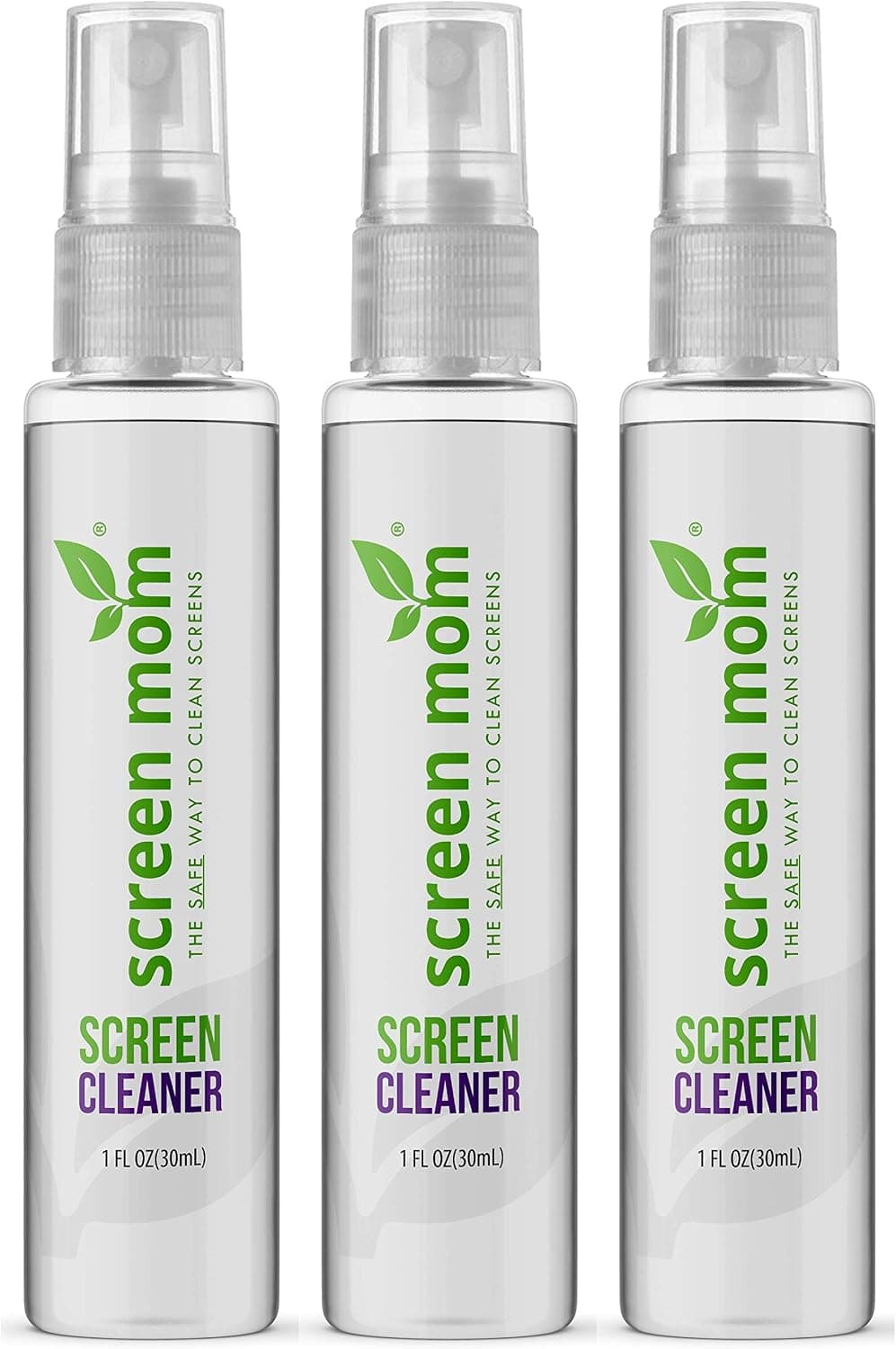 Screen Mom 1oz Screen Cleaner Spray 3 Pack - for Laptop, Computer Monitor, Phone Cleaner, iPad, Eyeglass, LED, LCD, TV - Includes 3 1oz Spray and 3 Purple Cleaning Cloths