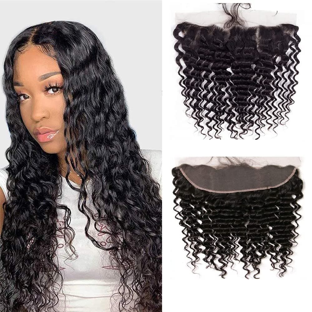 ELEE'S HAIR Deep Wave Lace Frontal With Baby Hair Lace Closure 13x4 Ear To Ear Swiss Lace Deep Curly Brazilian Virgin Hair Free Part Natural Color 18 Inch…