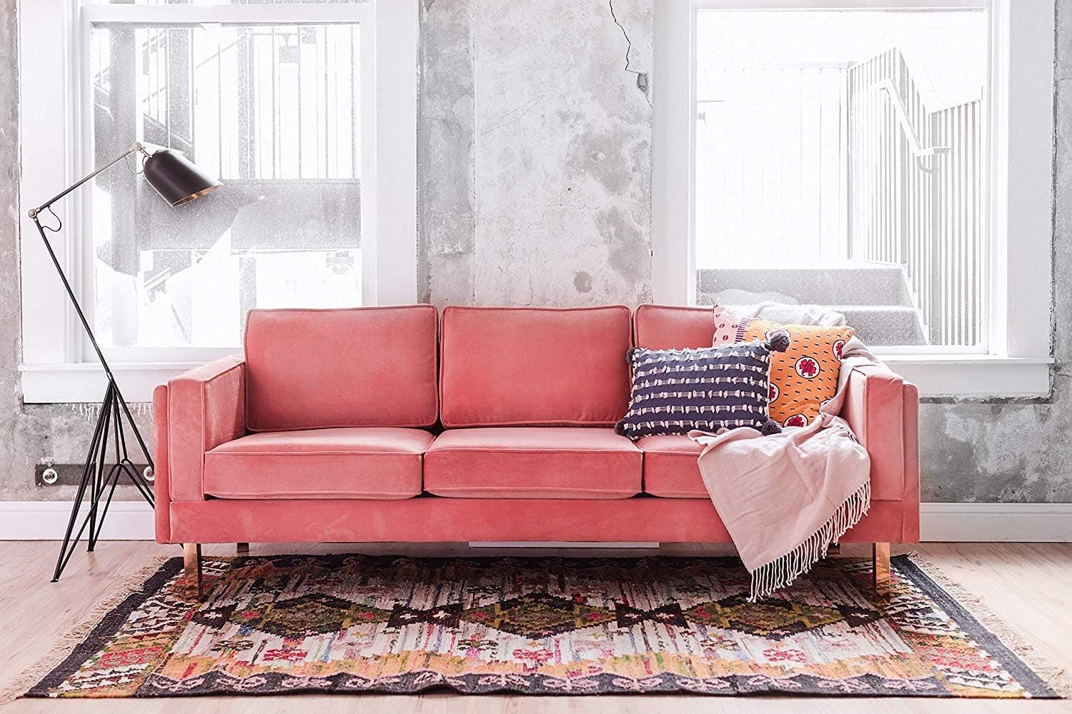 Edloe Finch Mid-Century Modern Pink Velvet Sofa, Blush