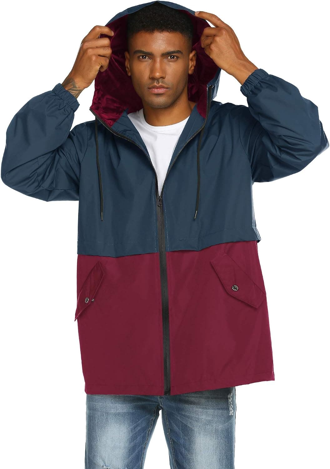 Poriff Men's Lightweight Raincoat Waterproof Active Outdoor Hooded Rain Jacket Trench Coats