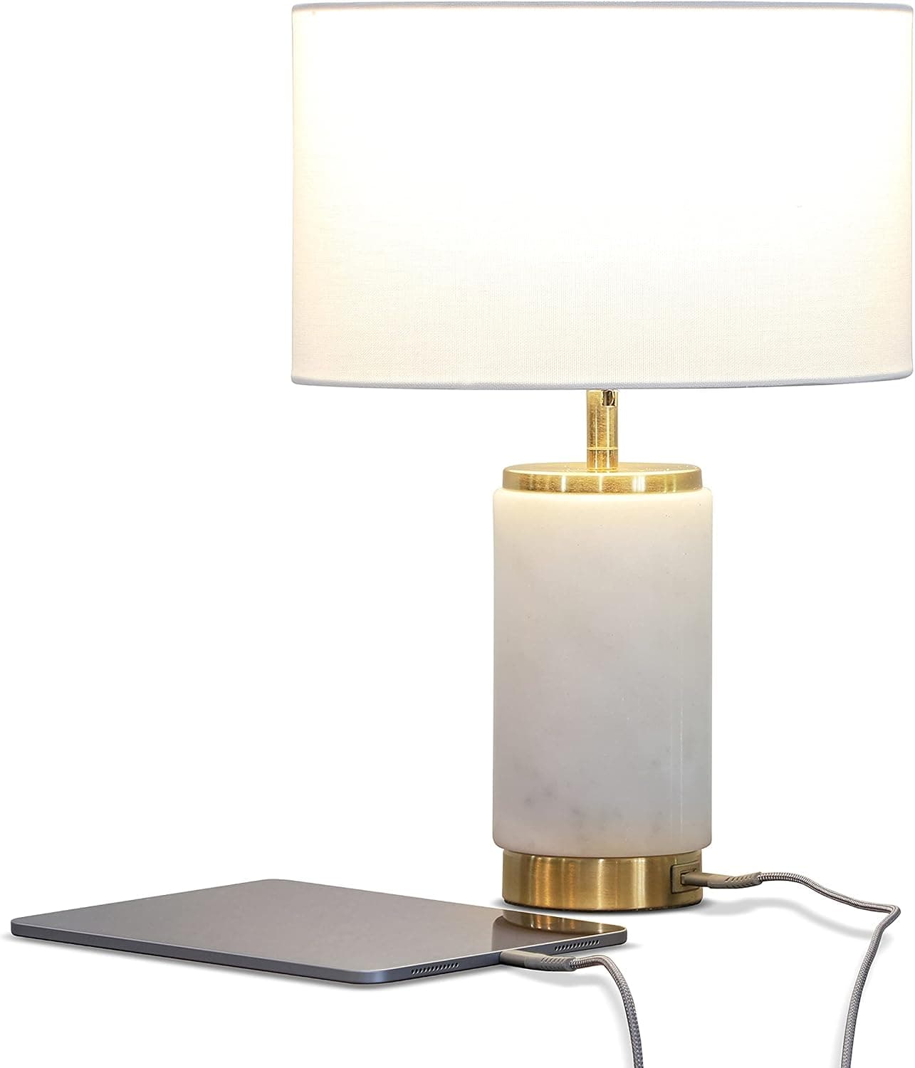 Brightech Arden LED Table Lamp with USB Port - Bedside Reading Lamp, Modern Desk Lamp, Nightstand Lamp with Ambient Lighting for Bedroom, Living Room, Office -Stylish Lampshade & Marble Finish