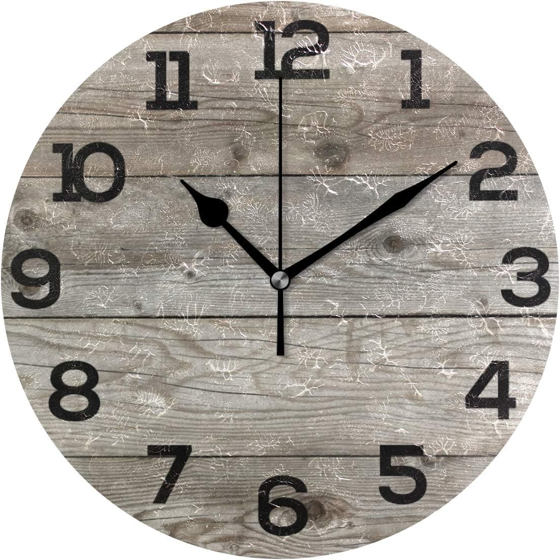 Wall Clock Old Barn Wood Rustic Round Acrylic Clock Black Large Numbers Silent Non-Ticking 9.45" Clock Decorative Painting Battery Operated Clock for Home School Hotel Library