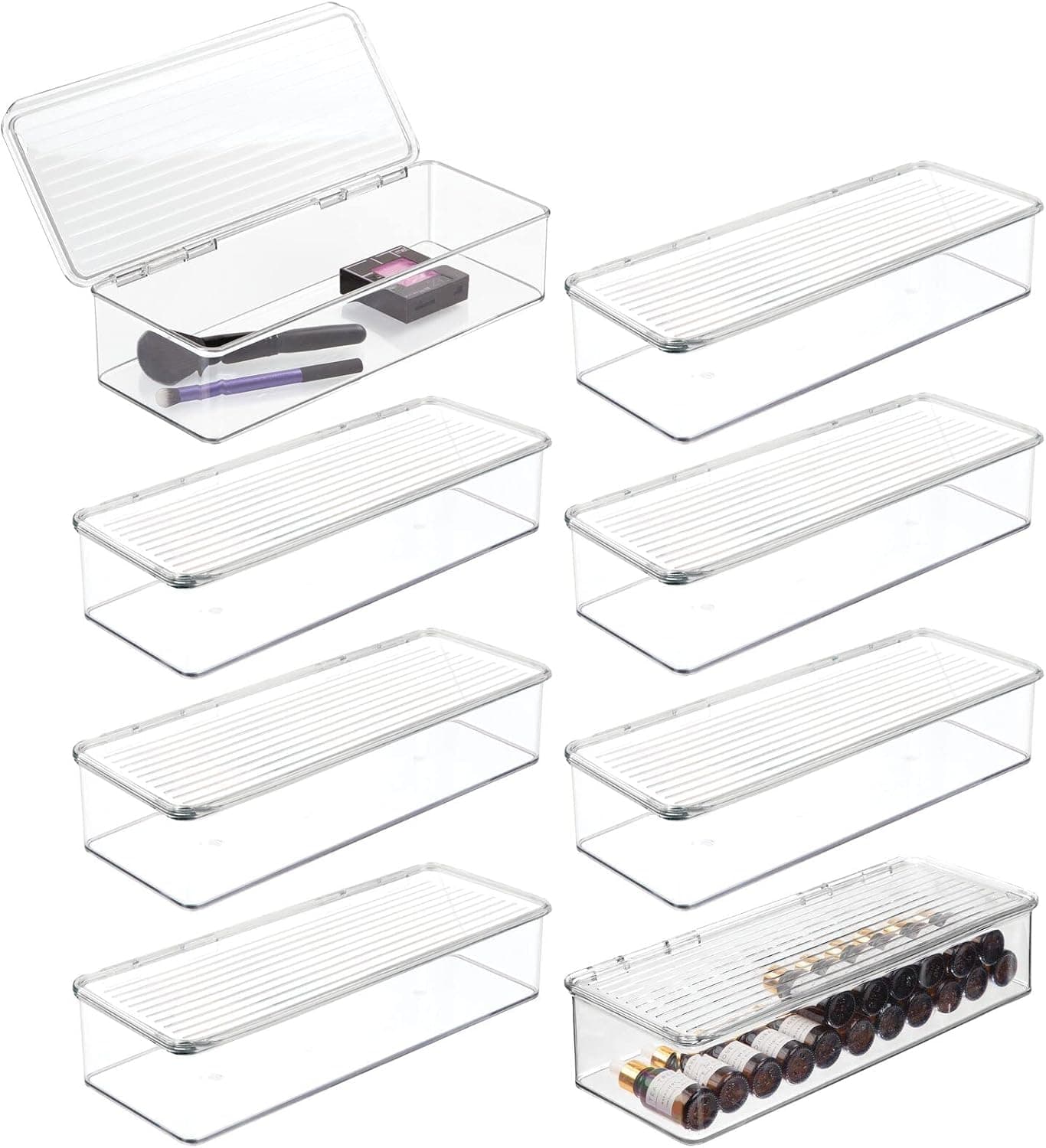 mDesign Long Plastic Cosmetic Storage Organizer Box Containers with Hinge Lid for Bedroom, Bathroom, and Vanity Shelf or Cabinet, Holds Masks, Palettes, Lotion, Astringents, Nail Polish, 8 Pack, Clear