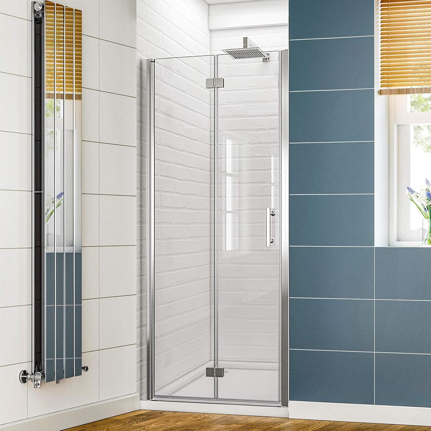 SUNNY SHOWER 32.5-34 Inch x 72 Inch Modern Frameless Pivot Hinged Bi-Fold Clear Glass Shower Door with Magnetic Seal Strips and Chrome Door Handle