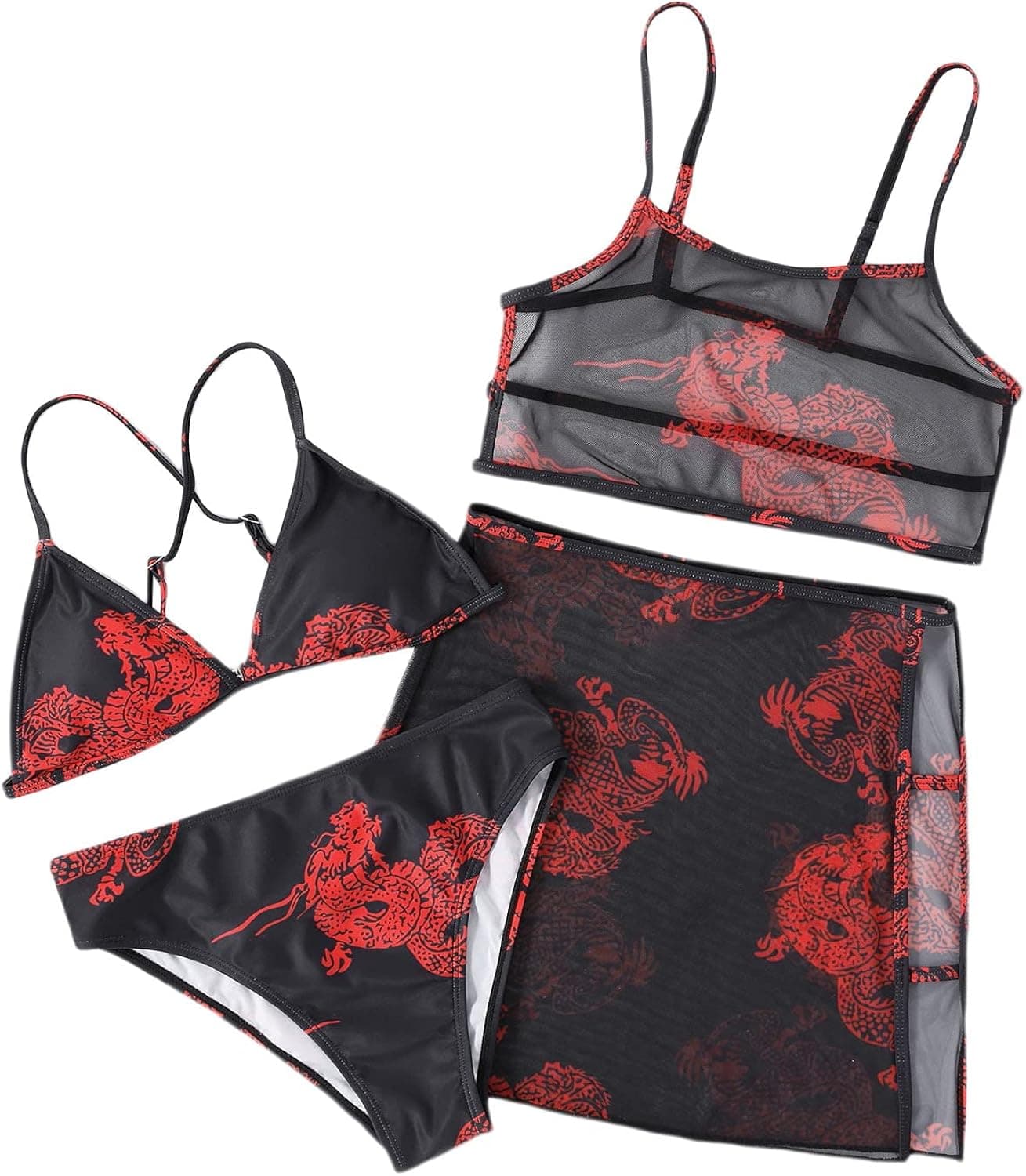 WDIRARA Girl's 4 Pieces Dragon Print Mesh Crisscross Bikini Set Swimsuit with Cover Up
