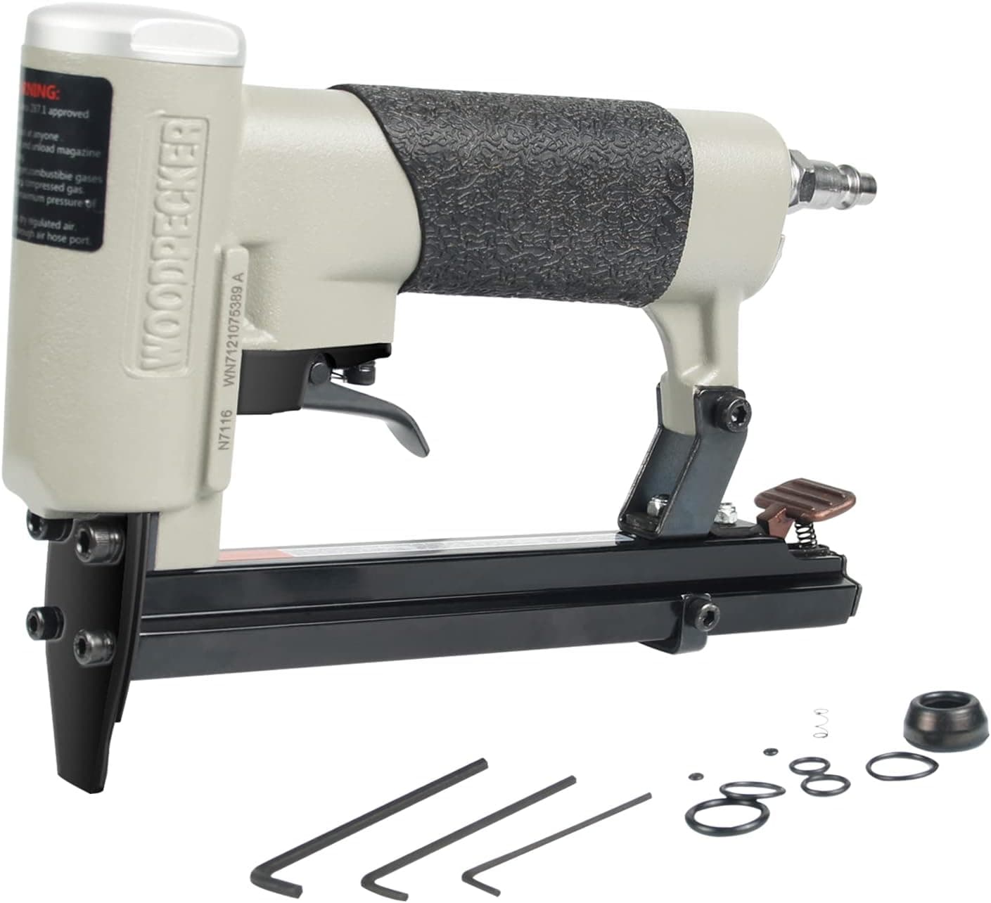 Woodpecker N7116 22 Gauge Pneumatic Upholstery Staple Gun, 3/8-Inch Crown Air Power Fine Wire Staple Gun, 1/4-Inch to 5/8-Inch Leg Length 71 Series Upholstery Stapler for Fabric, Upholstering