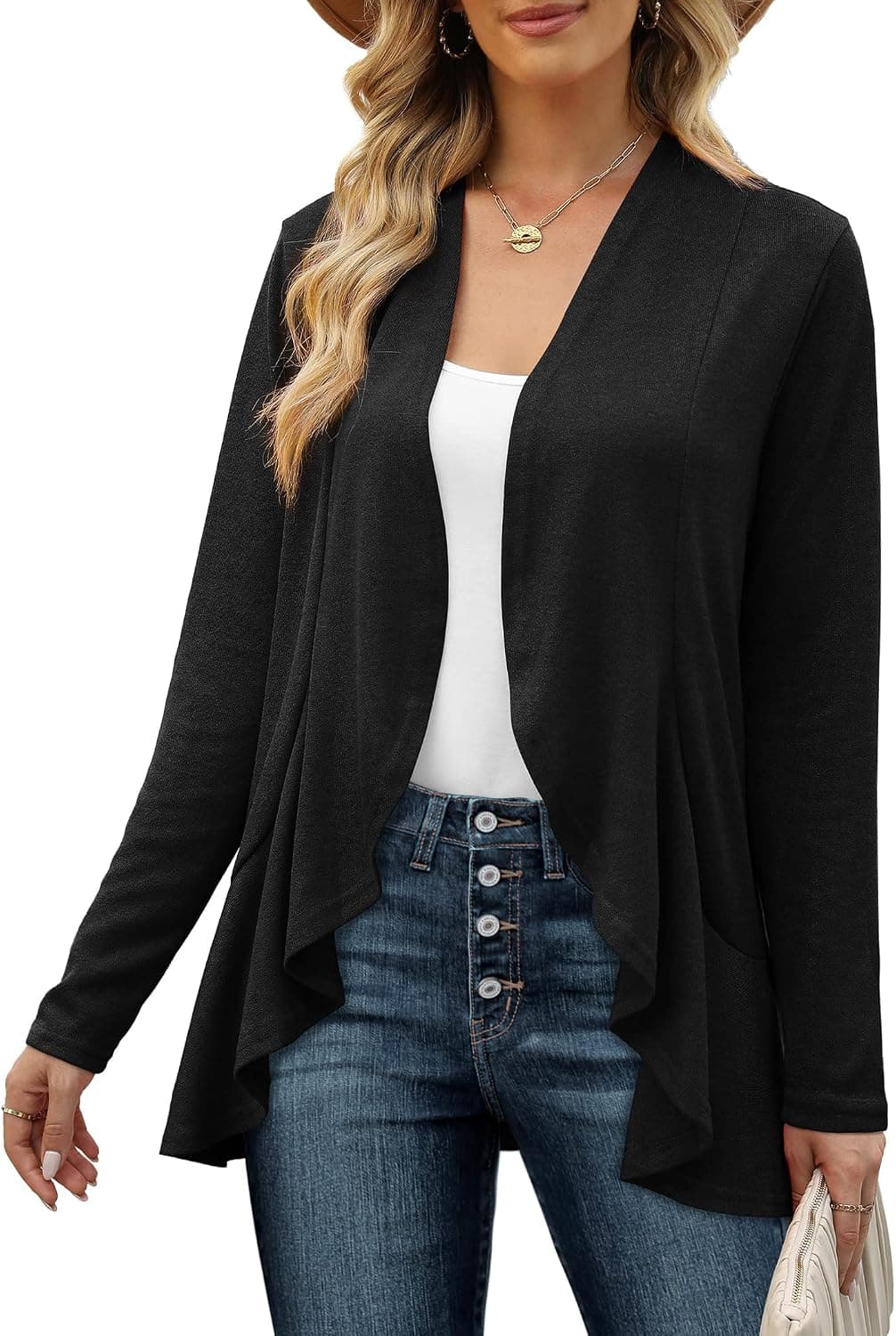 Geifa Cardigan for Women Lightweight Ruffle Drape Open Front Cardigans Sweaters Long Sleeve