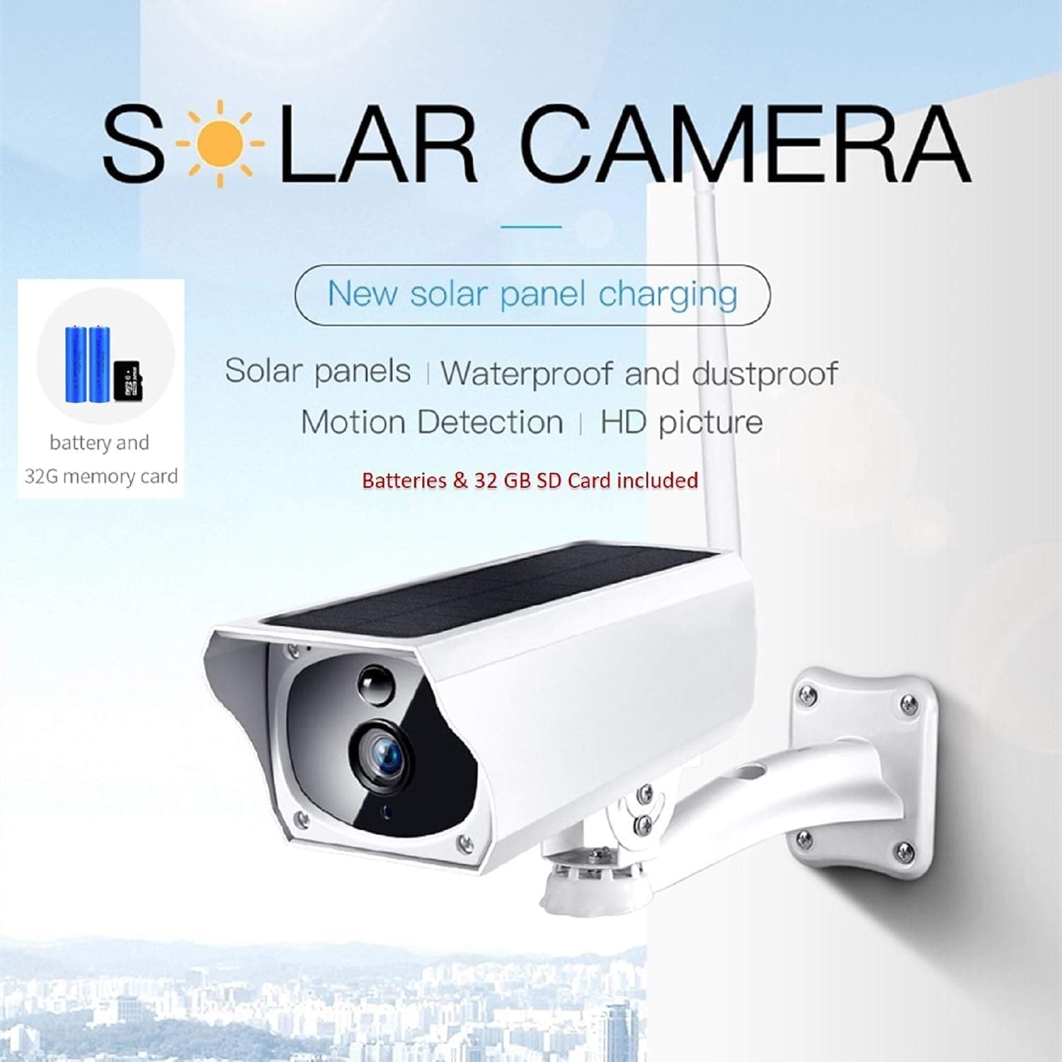 Solar Security Camera Home Surveillance 1080p HD 2-Way Audio Night Vision with PIR Motion Sensor Includes SD Card and Free Cloud Service