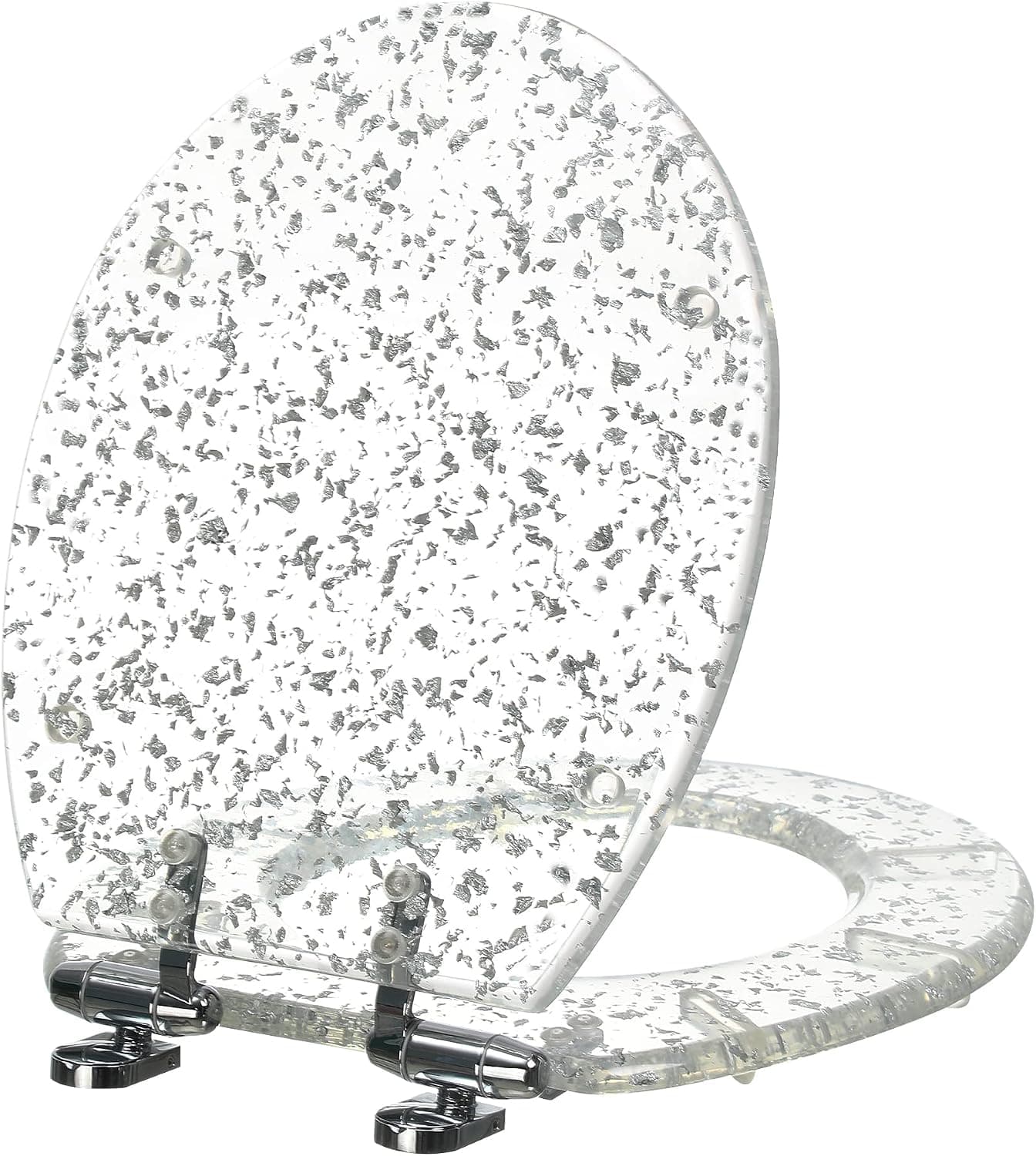 Resin Toilet Seat Round Soft Close Quick Release Heavy Duty Toilet Seats with Glitter Cover Acrylic Seats Silver Foil 17 Inch
